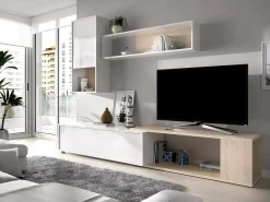 Sistema de parede Dgam, Conjunto modular de sala de canto, Móveis de sala multiposições, 230x41h180 cm, Branco e Carvalho