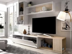 Sistema de parede Dgam, Conjunto modular de sala de canto, Móveis de sala multiposições, 230x41h180 cm, Branco e Carvalho