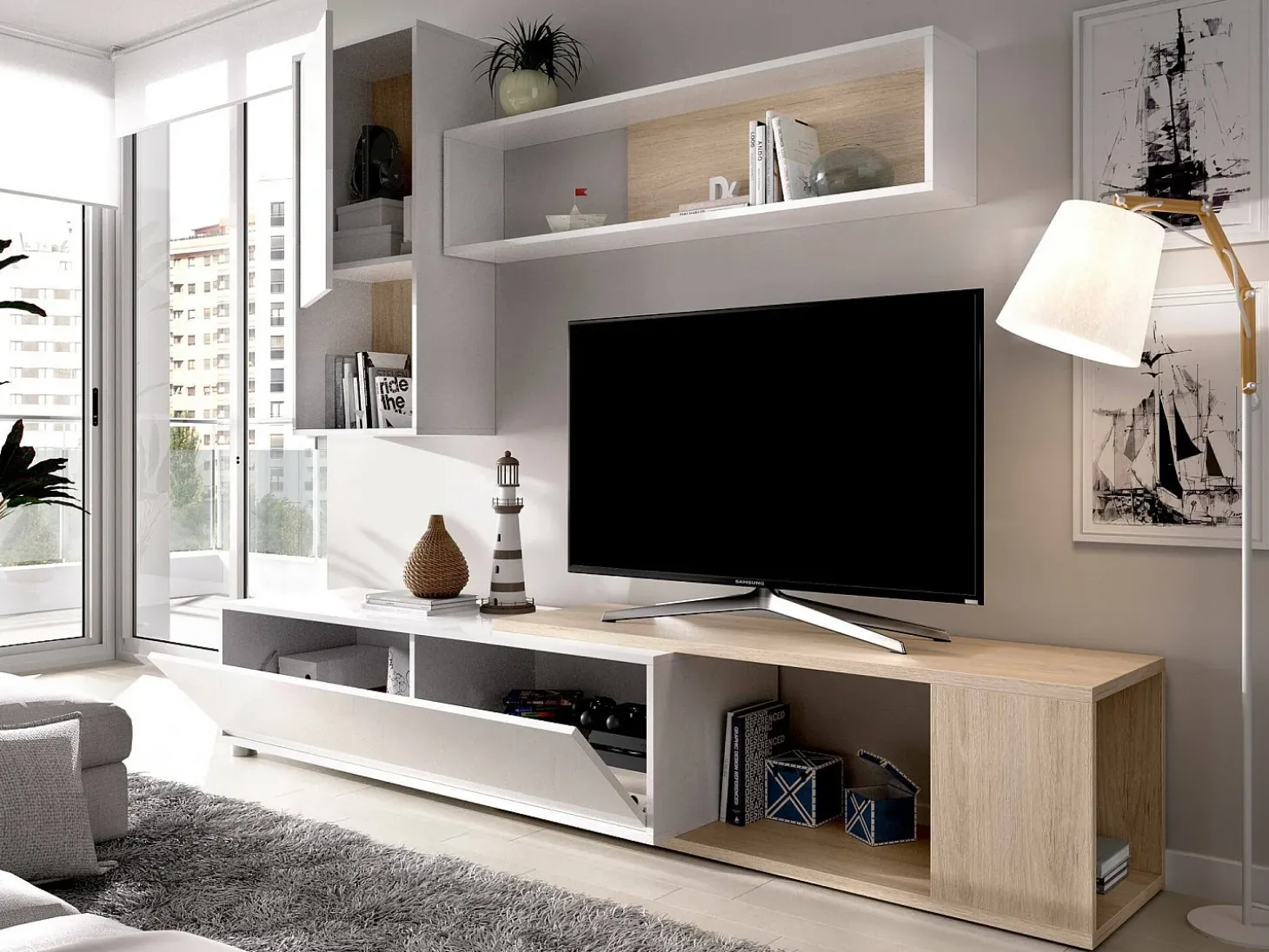 Sistema de parede Dgam, Conjunto modular de sala de canto, Móveis de sala multiposições, 230x41h180 cm, Branco e Carvalho