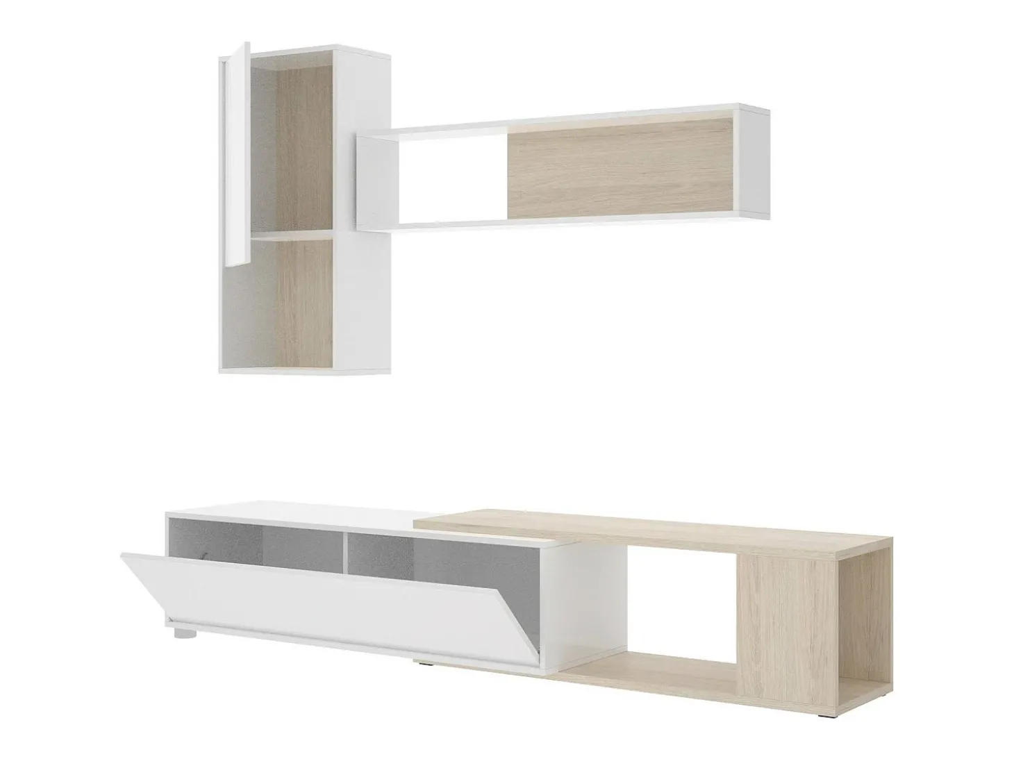 Sistema de parede Dgam, Conjunto modular de sala de canto, Móveis de sala multiposições, 230x41h180 cm, Branco e Carvalho
