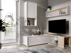 Sistema de parede Dgam, Conjunto modular de sala de canto, Móveis de sala multiposições, 230x41h180 cm, Branco e Carvalho