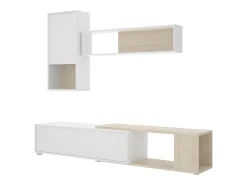 Sistema de parede Dgam, Conjunto modular de sala de canto, Móveis de sala multiposições, 230x41h180 cm, Branco e Carvalho