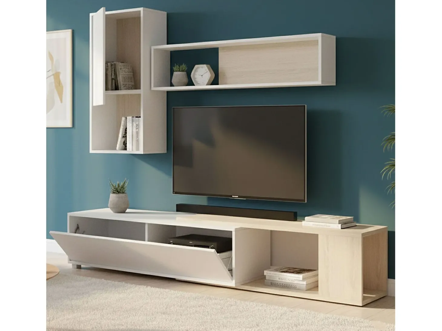Sistema de parede Dgam, Conjunto modular de sala de canto, Móveis de sala multiposições, 230x41h180 cm, Branco e Carvalho