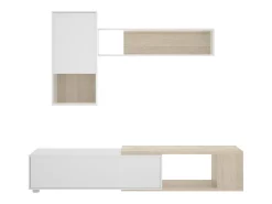 Sistema de parede Dgam, Conjunto modular de sala de canto, Móveis de sala multiposições, 230x41h180 cm, Branco e Carvalho