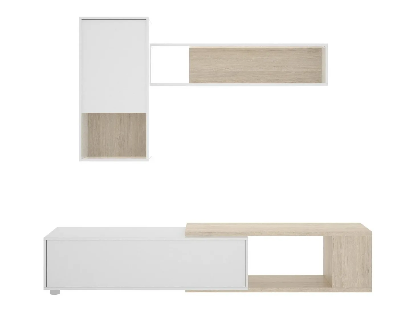 Sistema de parede Dgam, Conjunto modular de sala de canto, Móveis de sala multiposições, 230x41h180 cm, Branco e Carvalho