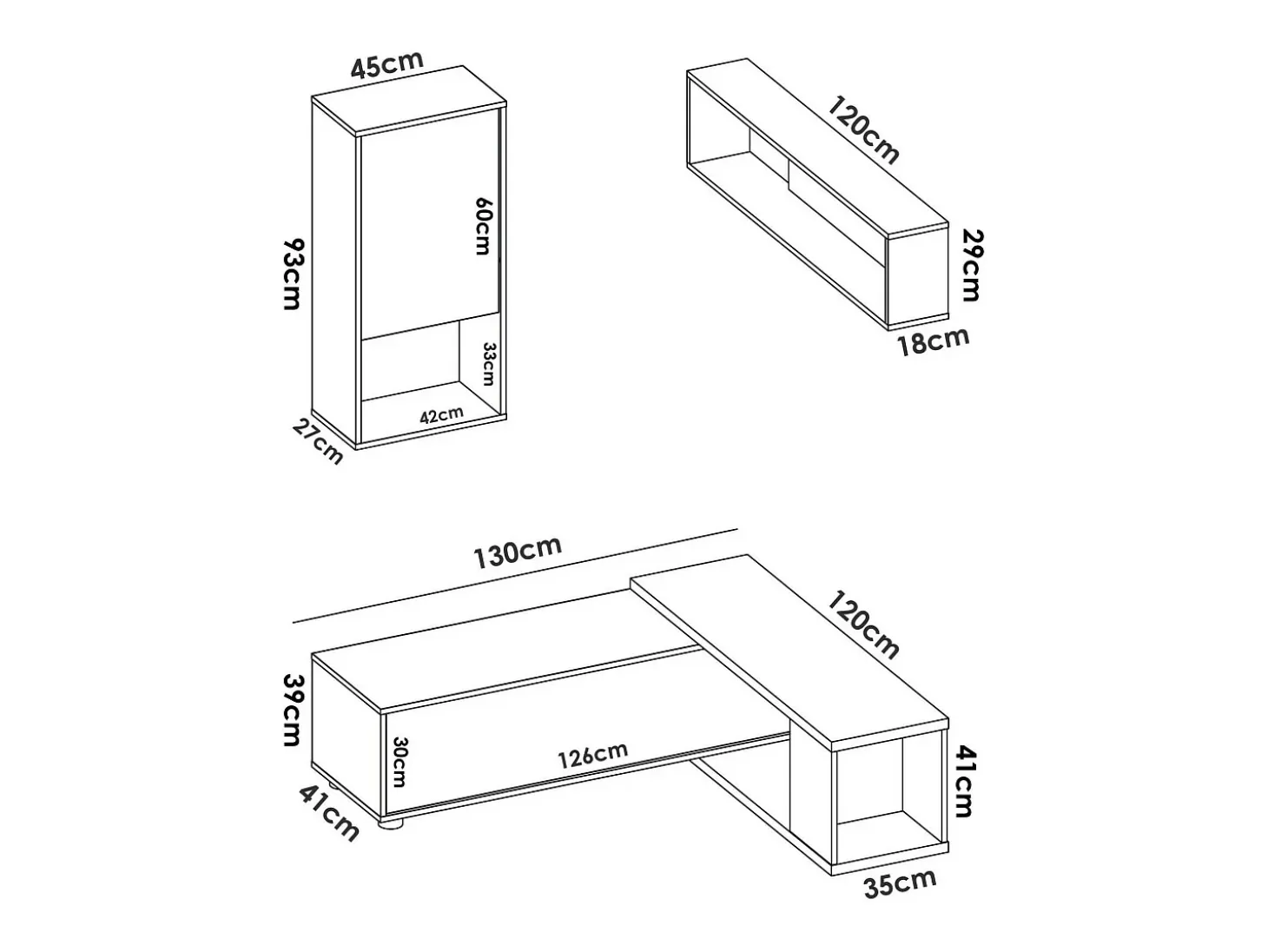 Sistema de parede Dgam, Conjunto modular de sala de canto, Móveis de sala multiposições, 230x41h180 cm, Branco e Carvalho