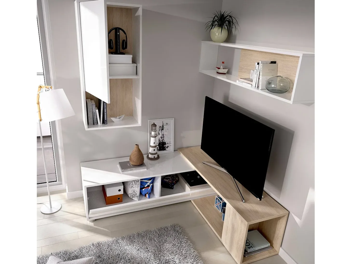 Sistema de parede Dgam, Conjunto modular de sala de canto, Móveis de sala multiposições, 230x41h180 cm, Branco e Carvalho