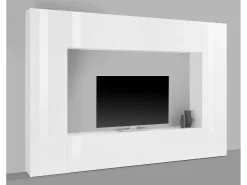 Sistema de parede Dgirm, conjunto de sala de TV com 4 portas, móveis de sala multiuso, 100% fabricado na Itália, 260x30h180 cm, branco brilhante