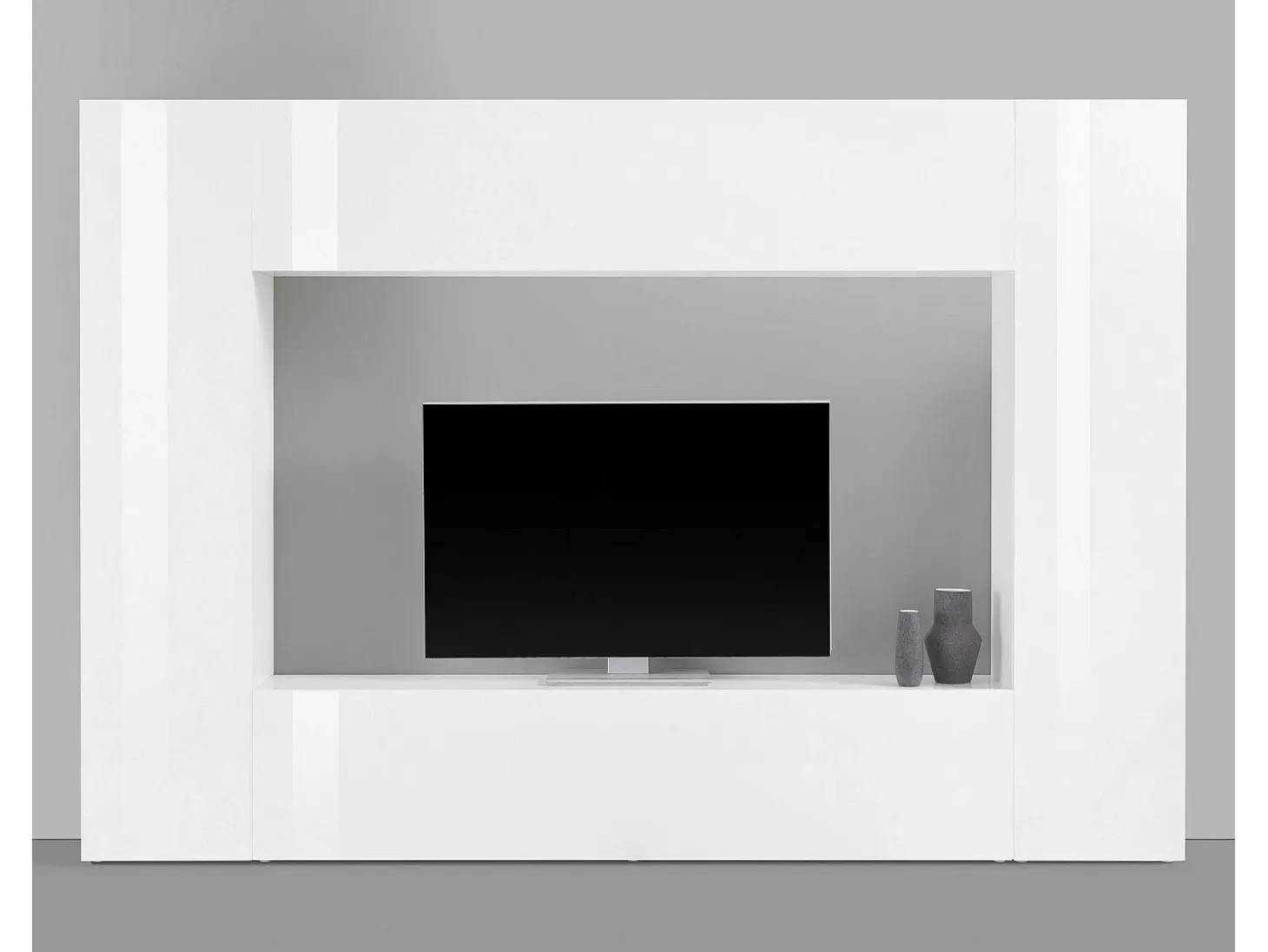 Sistema de parede Dgirm, conjunto de sala de TV com 4 portas, móveis de sala multiuso, 100% fabricado na Itália, 260x30h180 cm, branco brilhante