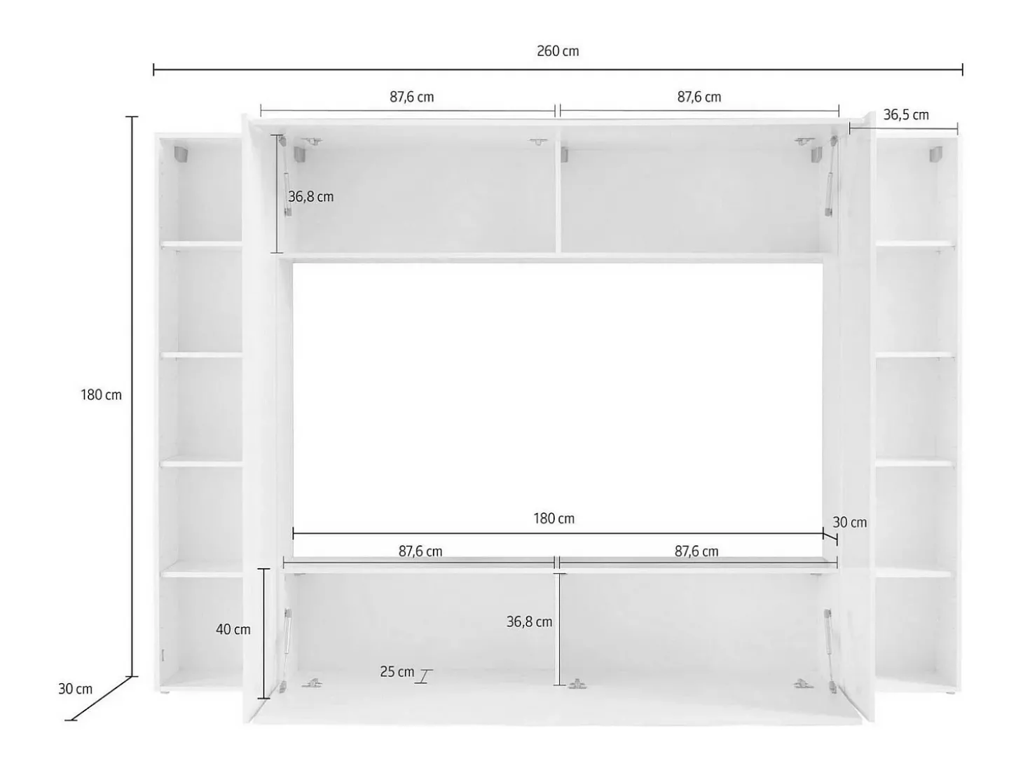 Sistema de parede Dgirm, conjunto de sala de TV com 4 portas, móveis de sala multiuso, 100% fabricado na Itália, 260x30h180 cm, branco brilhante