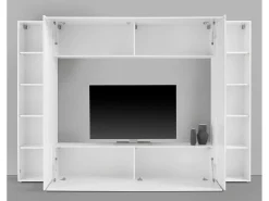 Sistema de parede Dgirm, conjunto de sala de TV com 4 portas, móveis de sala multiuso, 100% fabricado na Itália, 260x30h180 cm, branco brilhante