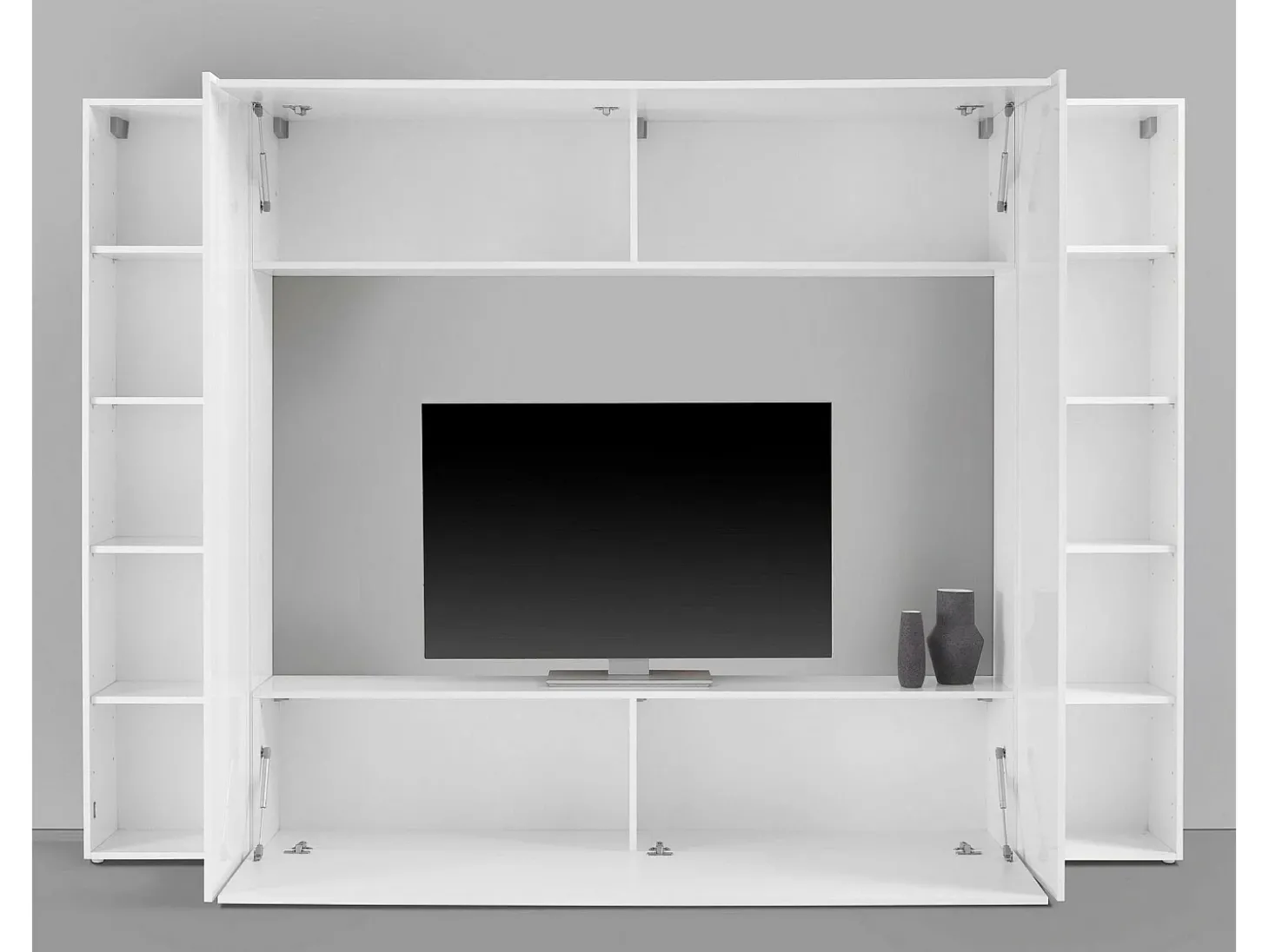 Sistema de parede Dgirm, conjunto de sala de TV com 4 portas, móveis de sala multiuso, 100% fabricado na Itália, 260x30h180 cm, branco brilhante