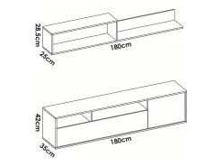 Sistema de parede Dgriffi, Composição da sala, Mobiliário multiusos para sala, Móvel TV, 180x35 h44 cm, Branco e Carvalho