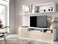 Sistema de parede Dgriffi, Composição da sala, Mobiliário multiusos para sala, Móvel TV, 180x35 h44 cm, Branco e Carvalho