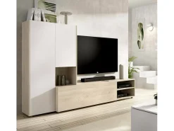 Sistema de parede Dhughe, Composição da sala, Mobiliário multiusos para sala, Móvel de TV, 227x40 h141 cm, Branco e Carvalho