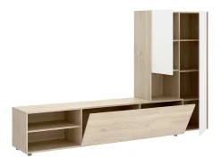 Sistema de parede Dhughe, Composição da sala, Mobiliário multiusos para sala, Móvel de TV, 227x40 h141 cm, Branco e Carvalho
