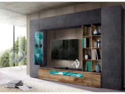 Sistema de parede Dlazzar, móvel de sala de TV, móveis de sala multiuso com luz LED, 100% Fabricado na Itália, 290x40h192 cm, Ardósia e Bordo