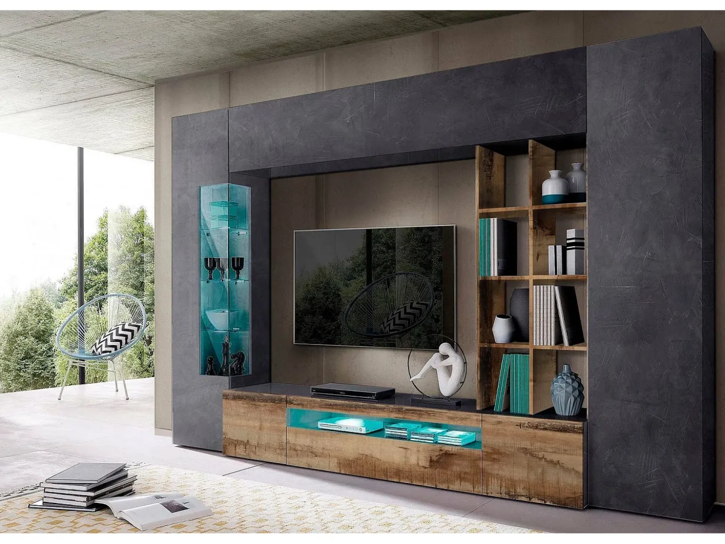 Sistema de parede Dlazzar, móvel de sala de TV, móveis de sala multiuso com luz LED, 100% Fabricado na Itália, 290x40h192 cm, Ardósia e Bordo