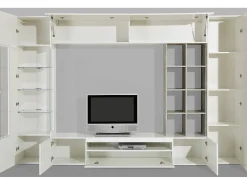 Sistema de parede Dlazzar, móvel de sala de TV, móveis de sala multiuso com luz LED, 100% Fabricado na Itália, 290x40h192 cm, Ardósia e Bordo