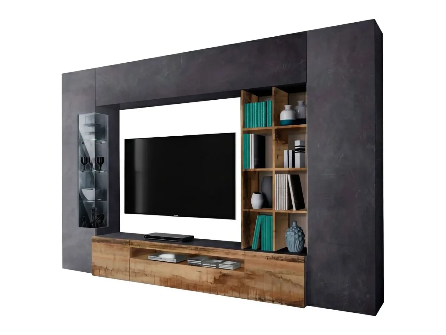 Sistema de parede Dlazzar, móvel de sala de TV, móveis de sala multiuso com luz LED, 100% Fabricado na Itália, 290x40h192 cm, Ardósia e Bordo