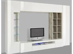 Sistema de parede Dlazzar, móvel de sala de TV, móveis de sala multiuso com luz LED, 100% Fabricado na Itália, 290x40h192 cm, Branco brilhante e concreto