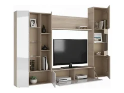 Sistema de parede Dmaj, Móvel de sala modular para TV, Composição de sala com móveis de parede e vitrines e luz LED, 260x42h185 cm, Carvalho e Branco