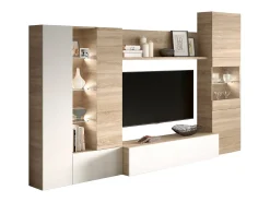 Sistema de parede Dmaj, Móvel de sala modular para TV, Composição de sala com móveis de parede e vitrines e luz LED, 260x42h185 cm, Carvalho e Branco