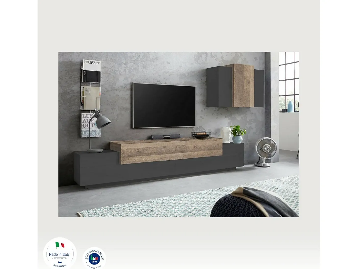 Sistema de parede Dmar, móvel de sala de TV, móveis de sala multiuso, 100% Fabricado na Itália, 240x45h180 cm, Antracite e Bordo