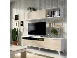 Sistema de parede Dmoor, Composição da sala, Mobiliário multiusos para sala, Móvel TV, 180x41 h180 cm, Branco e Carvalho