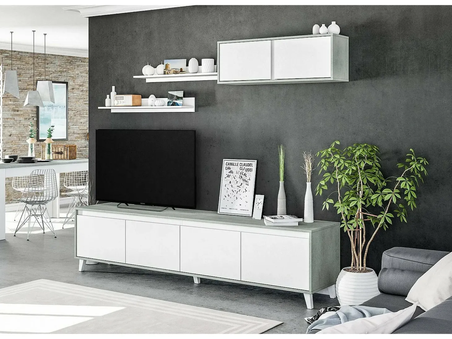 Sistema de parede Dmuldu, Conjunto de sala, Móveis de sala multiuso, Sistema de parede moderno, 200x41h50 cm, Cimento e Branco Brilhante