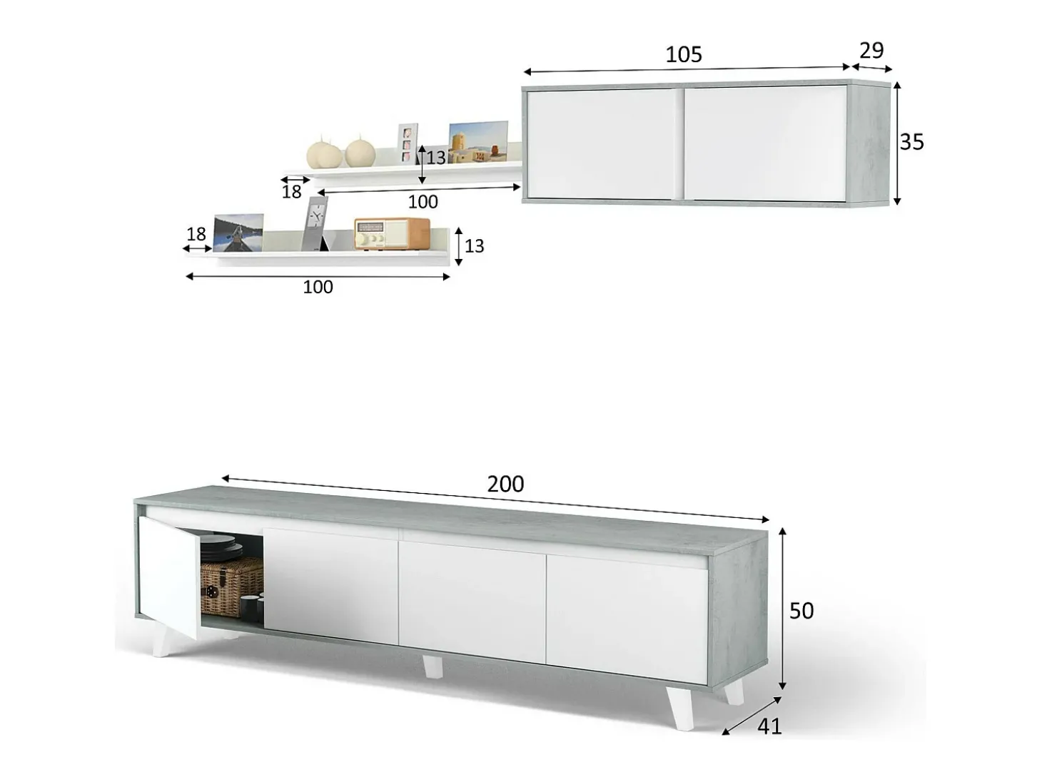 Sistema de parede Dmuldu, Conjunto de sala, Móveis de sala multiuso, Sistema de parede moderno, 200x41h50 cm, Cimento e Branco Brilhante