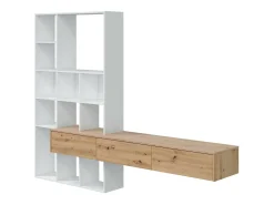 Sistema de parede Dnovelli, Conjunto de sala com 3 gavetas, Estante multiuso para sala, 226x28h173 cm, Branco e Carvalho Nó