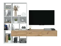 Sistema de parede Dnovelli, Conjunto de sala com 3 gavetas, Estante multiuso para sala, 226x28h173 cm, Branco e Carvalho Nó
