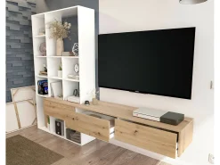 Sistema de parede Dnovelli, Conjunto de sala com 3 gavetas, Estante multiuso para sala, 226x28h173 cm, Branco e Carvalho Nó