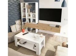 Sistema de parede Dnovelli, Conjunto de sala com 3 gavetas, Estante multiuso para sala, 226x28h173 cm, Branco e Carvalho Nó