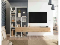 Sistema de parede Dnovelli, Conjunto de sala com 3 gavetas, Estante multiuso para sala, 226x28h173 cm, Branco e Carvalho Nó