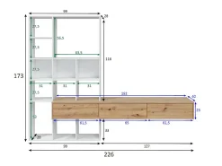 Sistema de parede Dnovelli, Conjunto de sala com 3 gavetas, Estante multiuso para sala, 226x28h173 cm, Branco e Carvalho Nó