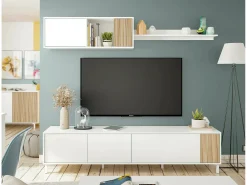 Sistema de parede Dolze, Armário de sala com portas, Armário suspenso com prateleira, Aparador multiuso, 200x40h47 cm, Branco e Carvalho