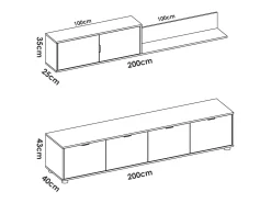 Sistema de parede Dva, Composição da sala, Mobiliário multiusos para sala, Móvel TV, 200x40 h43 cm, Branco e Carvalho