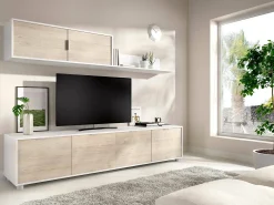 Sistema de parede Dva, Composição da sala, Mobiliário multiusos para sala, Móvel TV, 200x40 h43 cm, Branco e Carvalho