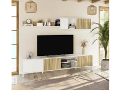 Sistema de parede Dzironell, Composição da sala, Mobiliário multiusos para sala, Móvel TV, 200x40 h47 cm, Branco e Carvalho