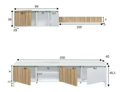 Sistema de parede Dzironell, Composição da sala, Mobiliário multiusos para sala, Móvel TV, 200x40 h47 cm, Branco e Carvalho