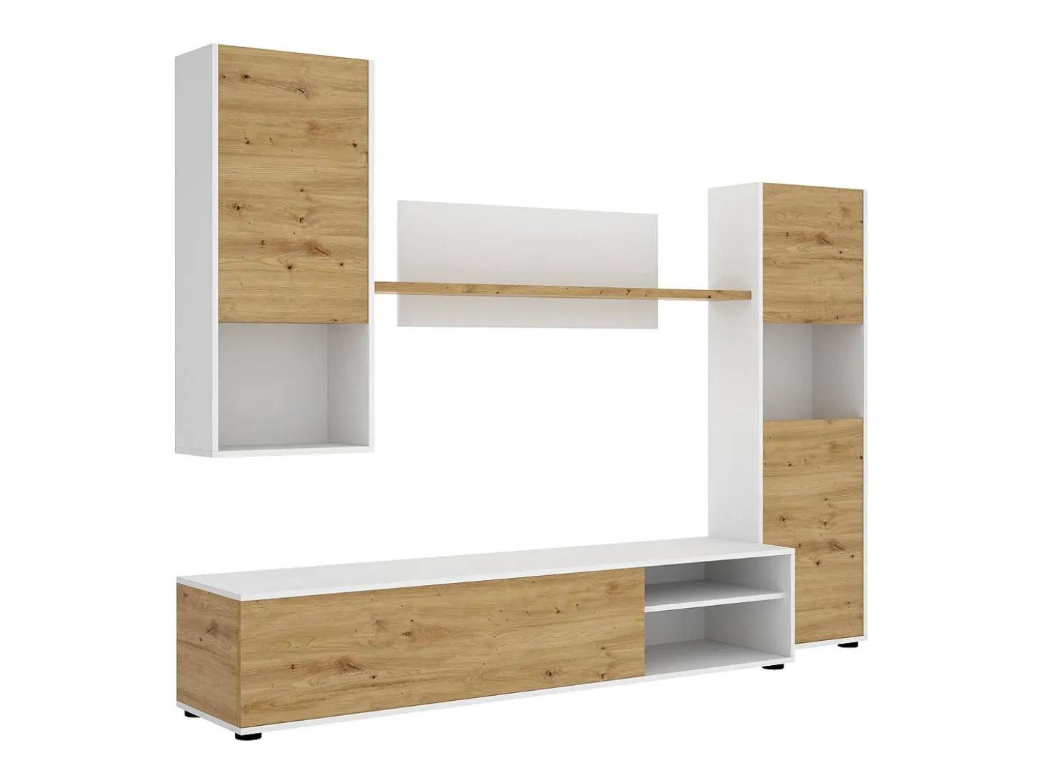 Sistema de parede Foraker, conjunto de sala de TV, móveis de sala multiuso, 220x41h180 cm, carvalho atado e branco