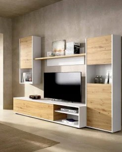 Sistema de parede Foraker, conjunto de sala de TV, móveis de sala multiuso, 220x41h180 cm, carvalho atado e branco