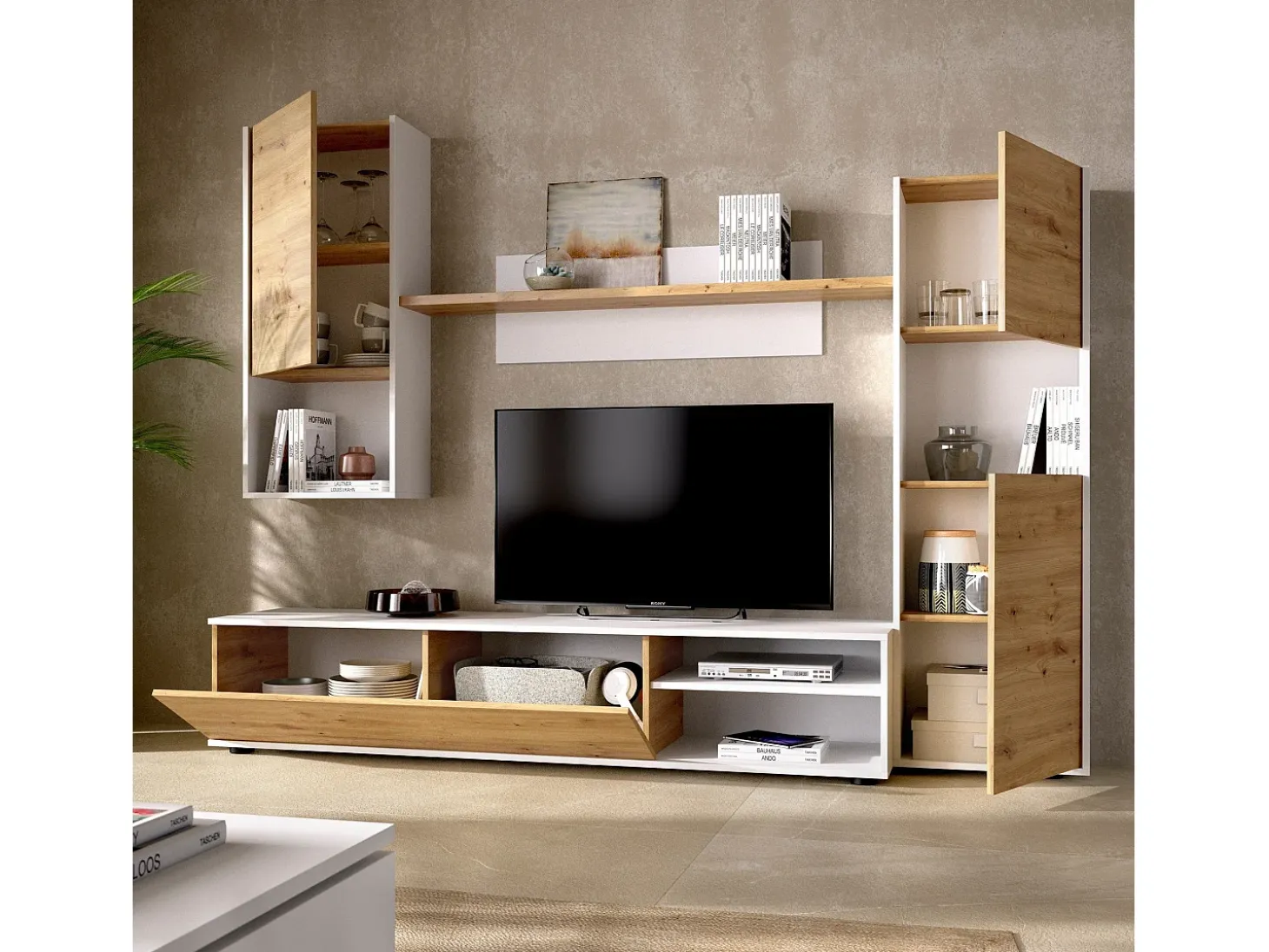 Sistema de parede Foraker, conjunto de sala de TV, móveis de sala multiuso, 220x41h180 cm, carvalho atado e branco