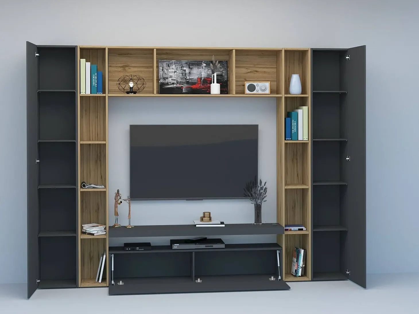 Sistema de parede Gilberto, conjunto de sala de TV com 3 portas, móveis de sala multiuso, 100% Fabricado na Itália, 270x35h210 cm, Antracite e Carvalho