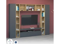 Sistema de parede Gilberto, conjunto de sala de TV com 3 portas, móveis de sala multiuso, 100% Fabricado na Itália, 270x35h210 cm, Antracite e Carvalho
