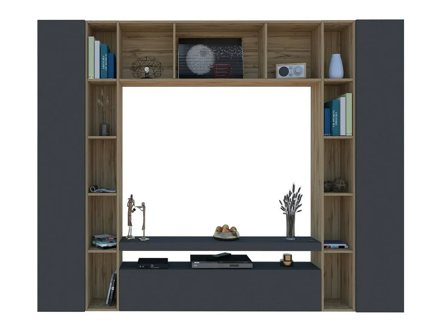 Sistema de parede Gilberto, conjunto de sala de TV com 3 portas, móveis de sala multiuso, 100% Fabricado na Itália, 270x35h210 cm, Antracite e Carvalho