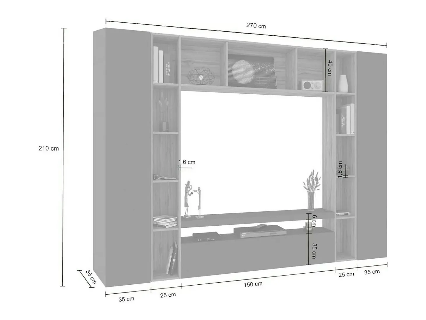 Sistema de parede Gilberto, conjunto de sala de TV com 3 portas, móveis de sala multiuso, 100% Fabricado na Itália, 270x35h210 cm, Antracite e Carvalho