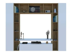 Sistema de parede Gilberto, conjunto de sala de TV com 3 portas, móveis de sala multiuso, 100% Made in Italy, 270x35h210 cm, branco brilhante e carvalho